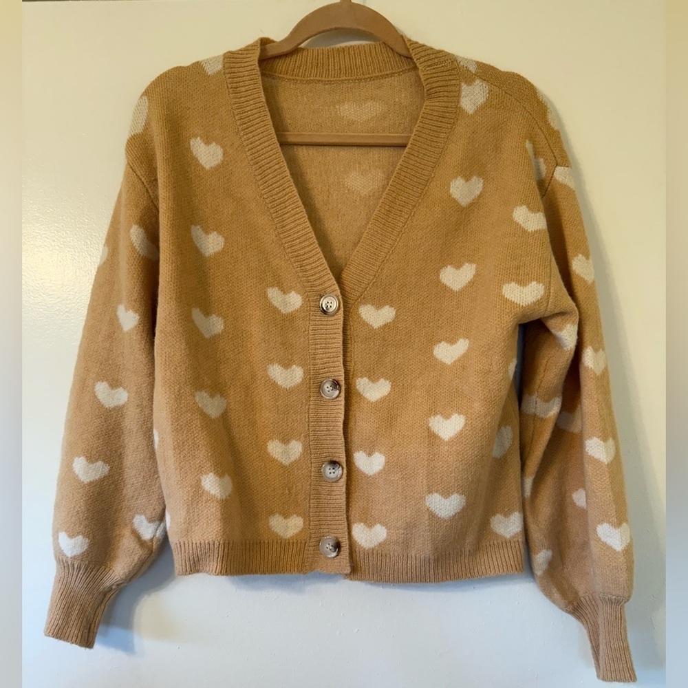 Heart Patterned Tan Cardigan Sweater
